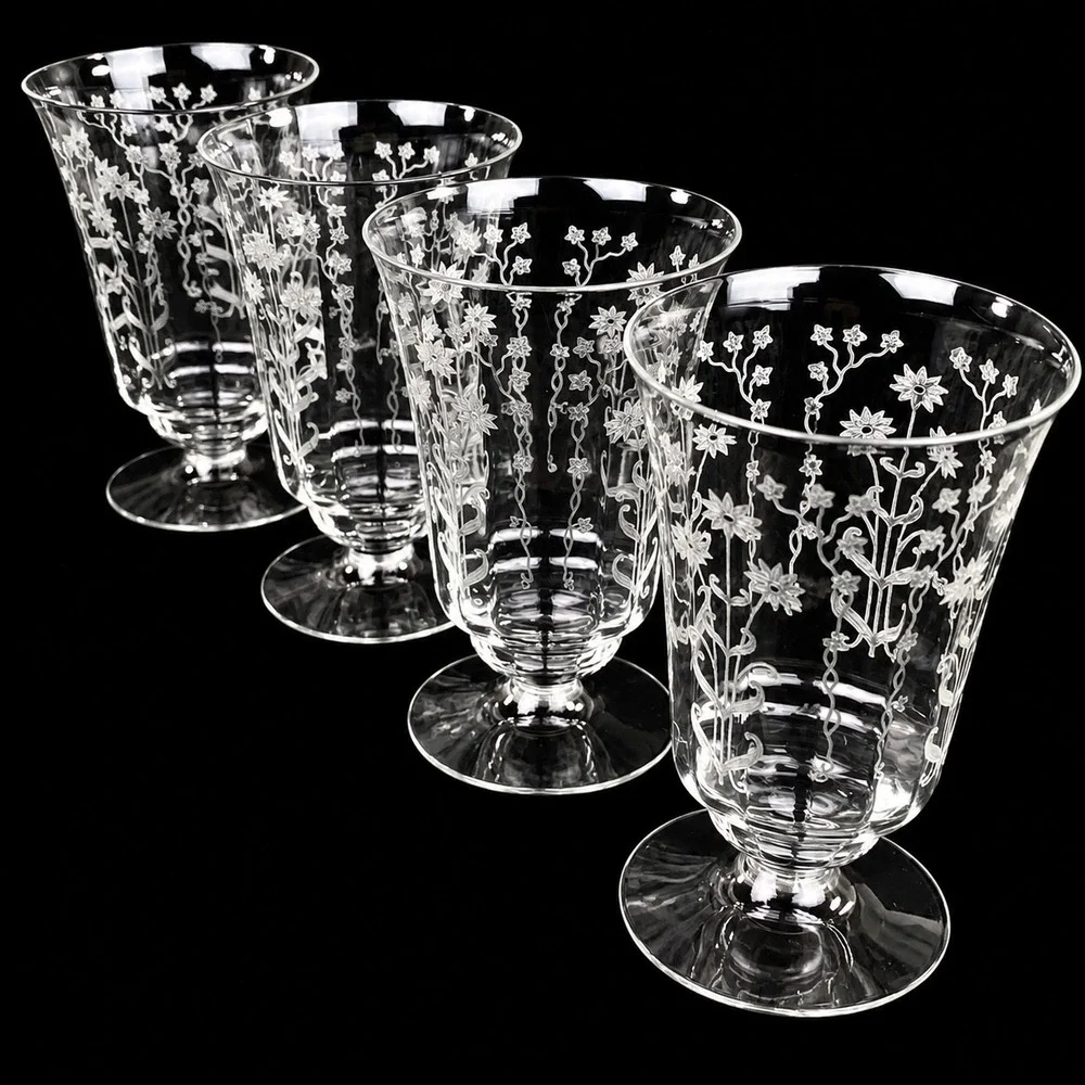 Fostoria Manor Crystal Iced Tea Glasses Set of 4 Etched Floral 1930s